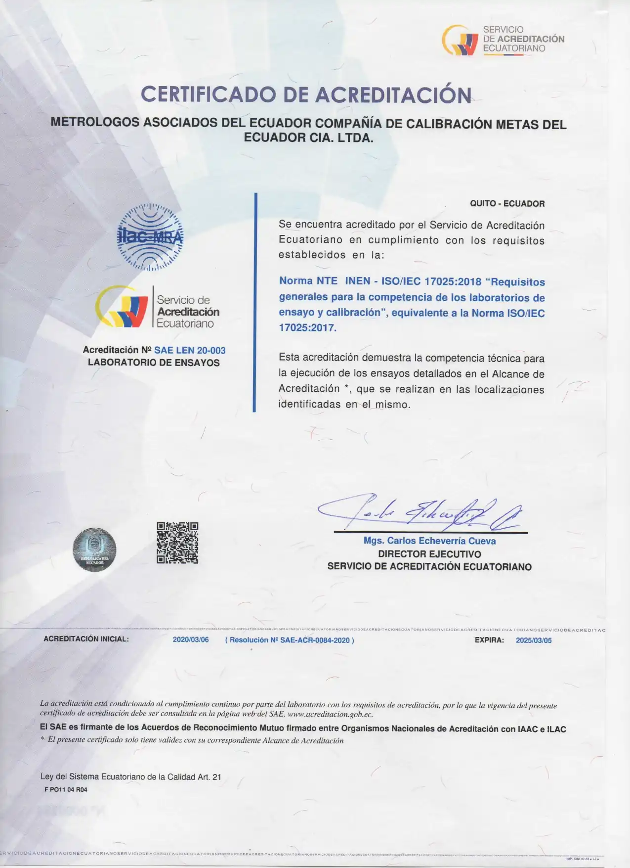 Certificado Acreditacion LAB. ENSAYOS (SAE)